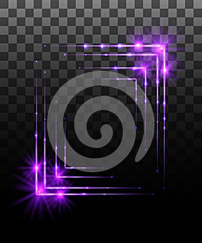 Glowing collection. Purple border frame effect, light effects isolated on transparent background. Sunlight lens flare, stars. Shin photo