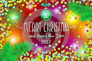 Glowing color Christmas Lights Wreath for Xmas Holiday Greeting Cards Design. Merry Christmas and Happy New Year 2017, vector. con