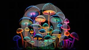 Glowing colorful transparent mushrooms on black background, neural network generated art