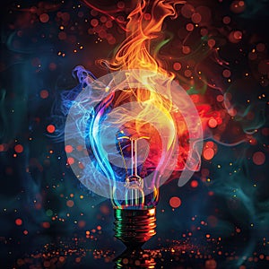 Glowing colourful light bulb on dark background. Energy concept. New idea, brainstorming concept