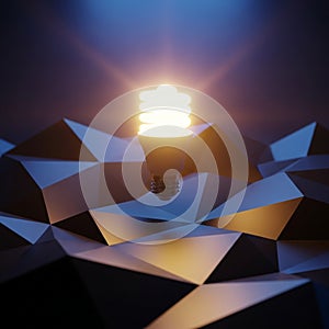 With sharp angular facets creating a pattern of triangular peaks and