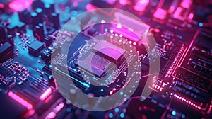 Glowing computer chip on circuit board processing data