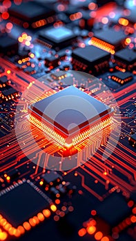 Glowing computer chip and circuit board showing digital data processing and technology