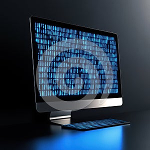Glowing Computer Screen with Binary Code Display in Dark Setting