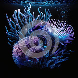 Glowing coral reef with sea anemones and fish. AI generative illustration