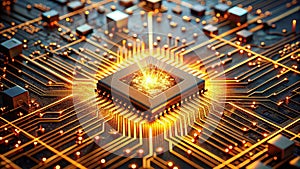 Glowing core of a powerful microprocessor on circuit board. Generative AI