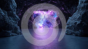 Glowing cosmic cave with sparkling galaxy