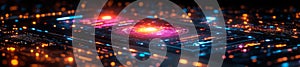 Digital interface of cosmic space with glowing data patterns and planets photo