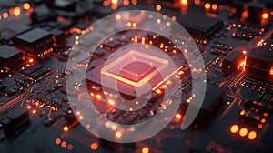 Glowing CPU on circuit board, tech background, data processing