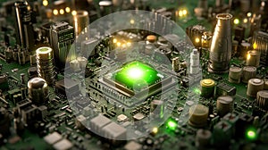 Glowing CPU on circuit board, tech city backdrop, data processing