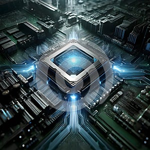 Glowing CPU on a motherboard.