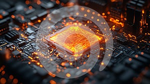 Glowing CPU on Motherboard, Tech Background, Data Processing