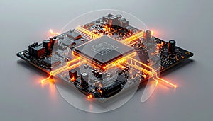 Glowing CPU Processing Data on a Circuit Board
