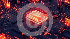 Glowing cpu processing data on a circuit board