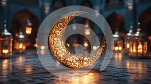 glowing crescent moon with islamic pattern design photo