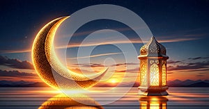 Glowing Crescent Moon and Lantern at Sunset for Ramadan or Eid Celebration