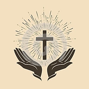 Glowing cross with hands symbol. Church logo vector