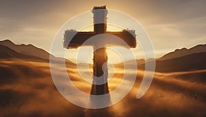 Glowing Cross with Mountains at Dusk photo