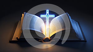 Glowing cross on an open book.