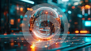 A glowing crystal ball hovering in a spacelike environment with data and projections swirling inside it. This abstract