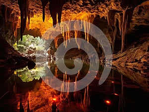 Glowing crystal cave with underground river