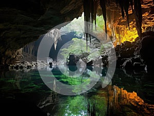 Glowing crystal cave with underground river