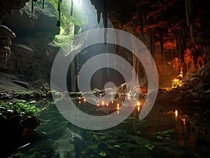 Glowing crystal cave with underground river