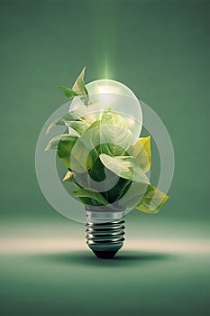 Glowing crystal light bulb wrapped in green leaves. Symbol for alternative energy sources sustainable living