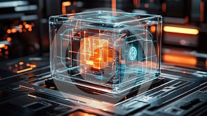 Glowing cube on circuit board in tech lab