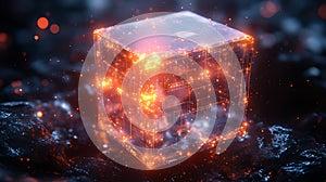 Glowing cube energy core, dark rock background, futuristic concept