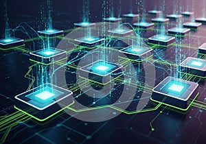 Glowing cube, linked through neon green and blue lines, symbolizing