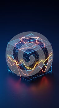Glowing Cube with Neon Data Lines