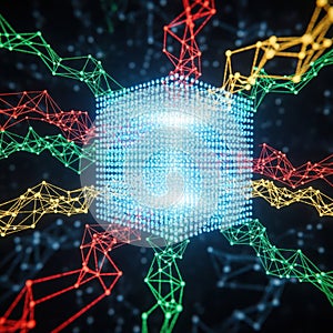 Glowing cube network with interconnected nodes and lines