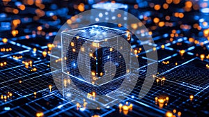 A glowing cube representing blockchain technology. Generative AI