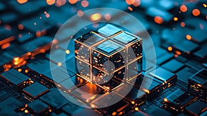 A glowing cube representing blockchain technology. Generative AI