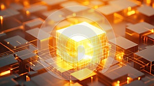 Glowing cube representing core data processing technology
