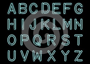 Glowing Cyan Blue Neon Alphabet isolated and transparent. Custom handcrafted font for design.