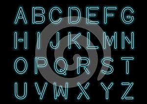Glowing Cyan Blue Neon Alphabet and transparent. Custom font for design. Shiny letters and symbols.