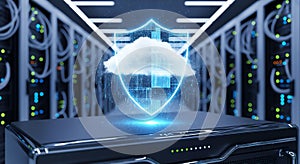 Glowing cybersecurity shield protecting cloud computing data in a futuristic server room