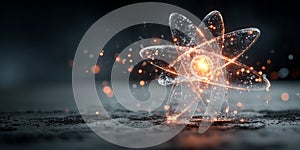 Glowing 3D atom model with spinning electrons ,energy particles on dark background symbolizing nuclear science photo