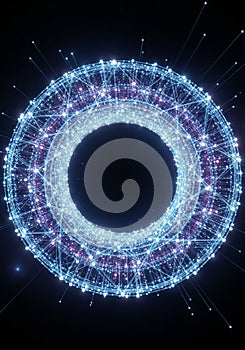 Glowing 3D circular network pattern with interconnected points