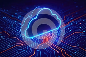 3D cloud icon hovering over a glowing blue and orange circuit board cloud computing technology