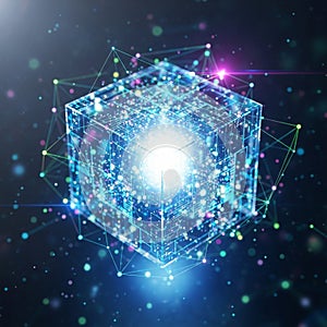 A glowing 3D cube in a digital space with interconnected points and lines,