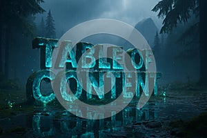 Glowing 3D Table of Content in Rainy Forest