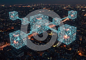 Glowing Data Blocks Network Over Night City