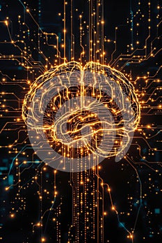 Glowing data cables create a human brain with binary code flowing through synapses