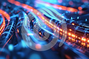Glowing data cables transferring information close-up. Generative AI