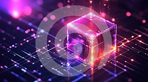 Glowing data cube connecting digital network lines