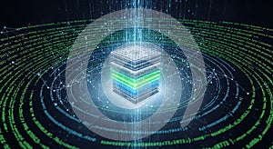 Glowing data cube processes vast digital information