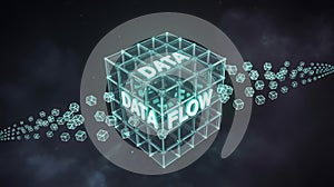 Glowing Data Flow Cube with Abstract Particles digital